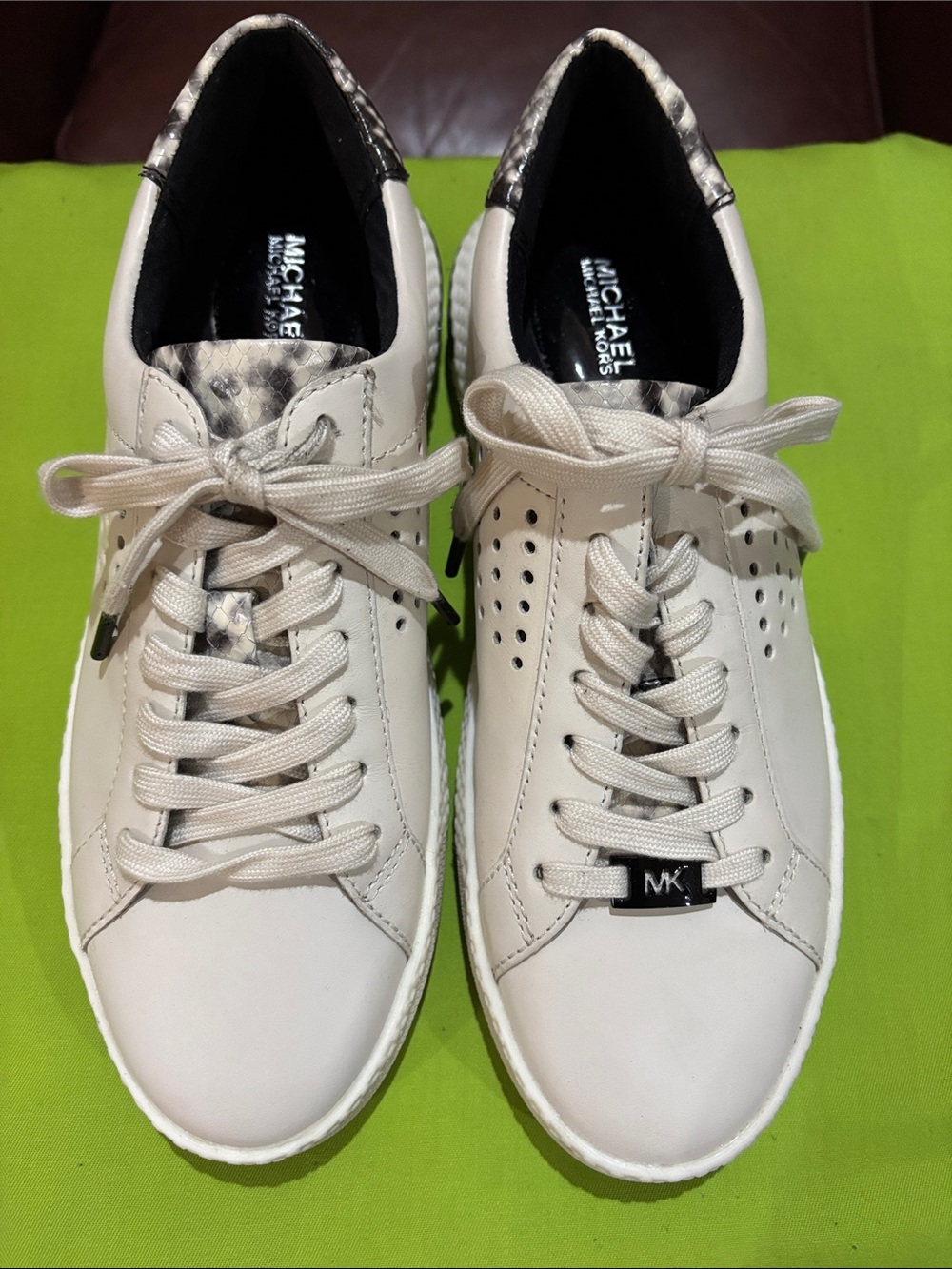Michael Kors Beige White Leather Sneakers with Snake-Print Accent
